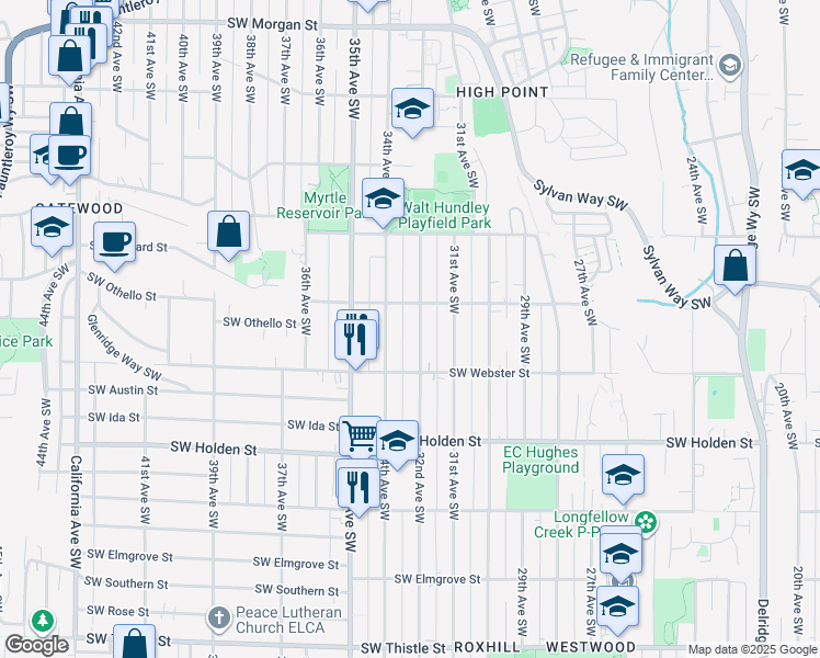 map of restaurants, bars, coffee shops, grocery stores, and more near 7329 32nd Avenue Southwest in Seattle