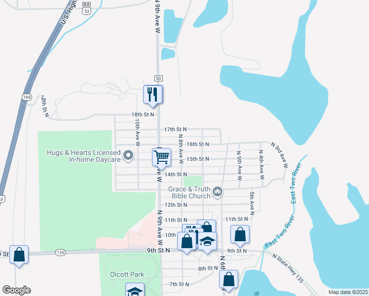 map of restaurants, bars, coffee shops, grocery stores, and more near 1615 North 8th Avenue West in Virginia