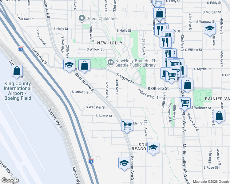 map of restaurants, bars, coffee shops, grocery stores, and more near 7321 33rd Avenue South in Seattle