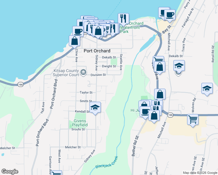 map of restaurants, bars, coffee shops, grocery stores, and more near 703 Harrison Avenue in Port Orchard