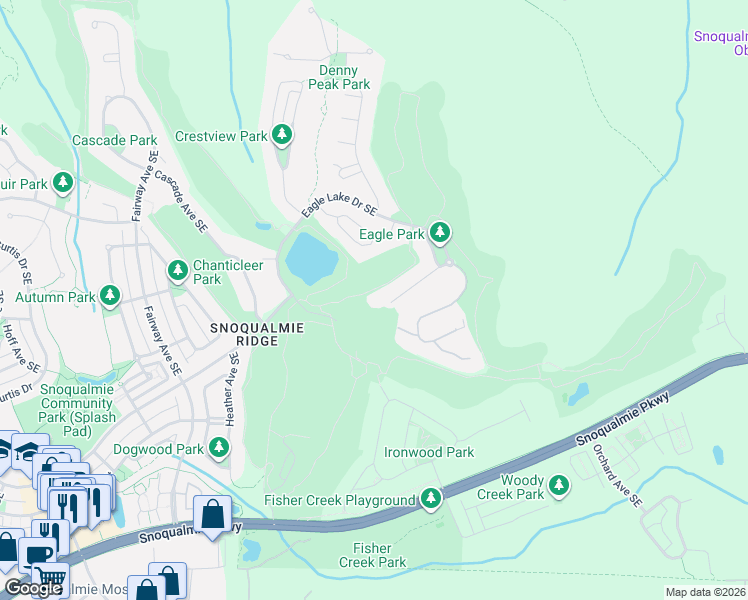 map of restaurants, bars, coffee shops, grocery stores, and more near 36010 Southeast Turnberry Street in Snoqualmie