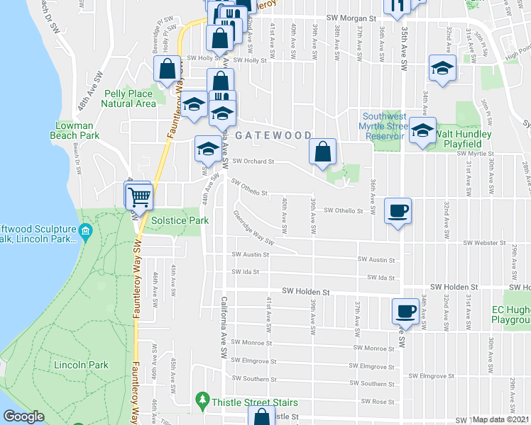 map of restaurants, bars, coffee shops, grocery stores, and more near 7446 Gatewood Road Southwest in Seattle