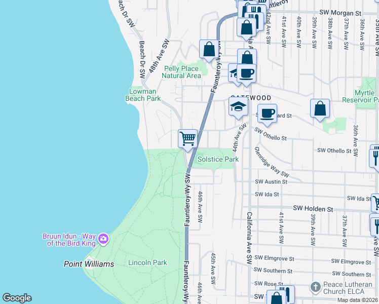 map of restaurants, bars, coffee shops, grocery stores, and more near 7427 Fauntleroy Way Southwest in Seattle