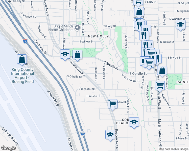 map of restaurants, bars, coffee shops, grocery stores, and more near 7305 32nd Avenue South in Seattle