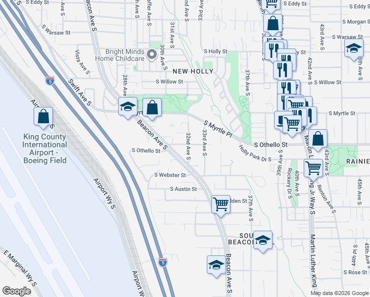 map of restaurants, bars, coffee shops, grocery stores, and more near 7305 32nd Avenue South in Seattle