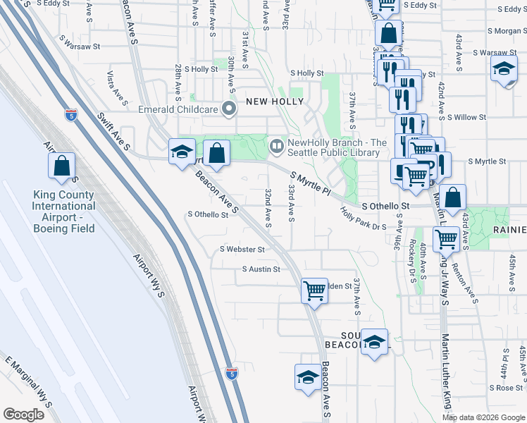 map of restaurants, bars, coffee shops, grocery stores, and more near 7300 Beacon Avenue South in Seattle