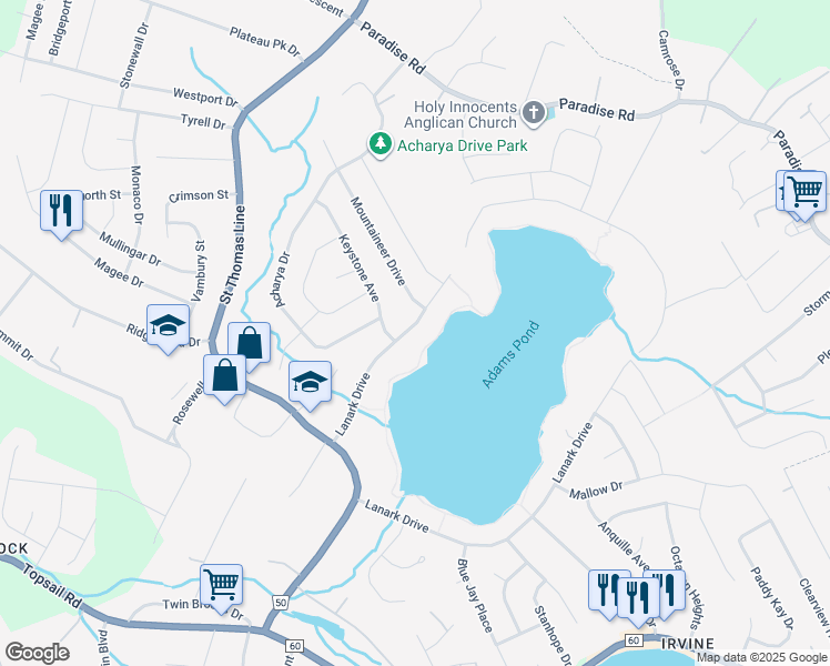 map of restaurants, bars, coffee shops, grocery stores, and more near 44 Lanark Drive in Paradise