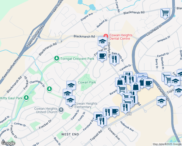 map of restaurants, bars, coffee shops, grocery stores, and more near 81 Greenspond Drive in St. John's