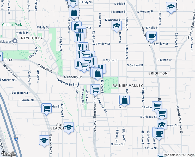 map of restaurants, bars, coffee shops, grocery stores, and more near 4219 South Othello Street in Seattle