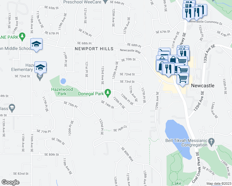 map of restaurants, bars, coffee shops, grocery stores, and more near 7359 126th Place Southeast in Newcastle