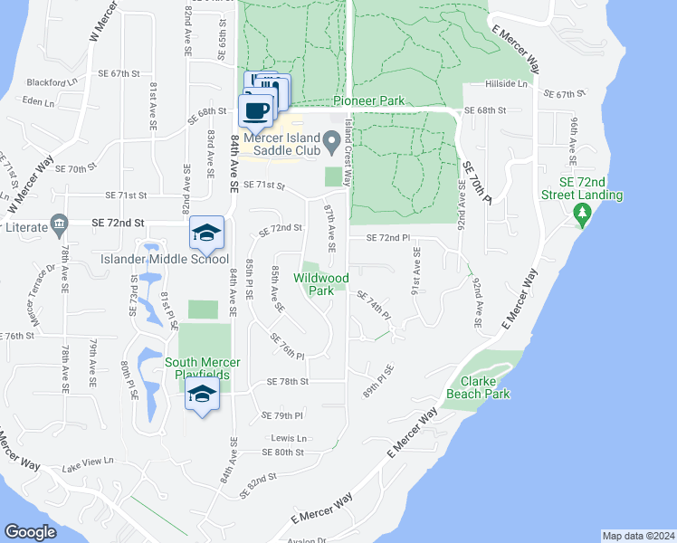 map of restaurants, bars, coffee shops, grocery stores, and more near 7270 87th Avenue Southeast in Mercer Island