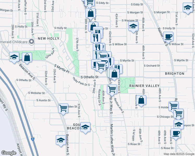 map of restaurants, bars, coffee shops, grocery stores, and more near 7315 39th Avenue South in Seattle