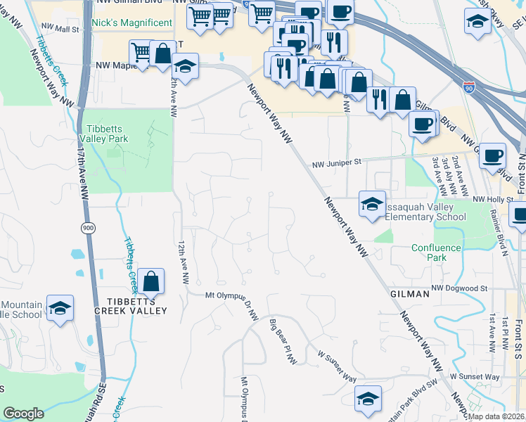 map of restaurants, bars, coffee shops, grocery stores, and more near 635 Northwest Everwood Drive in Issaquah