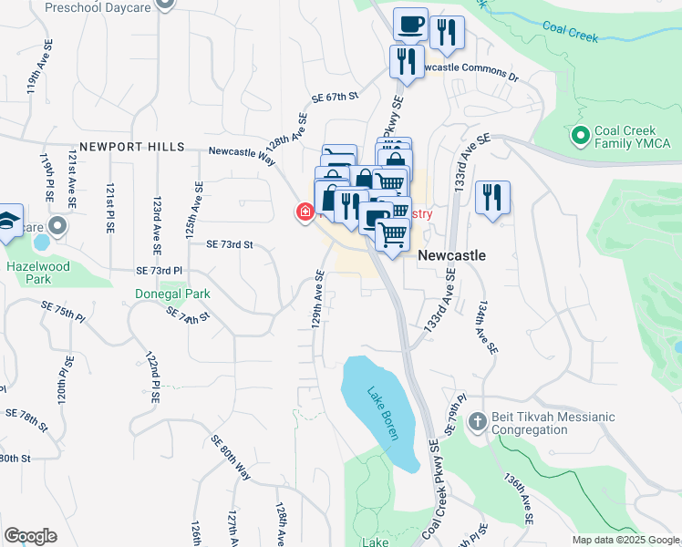 map of restaurants, bars, coffee shops, grocery stores, and more near 111 Southeast 73rd Place in Newcastle
