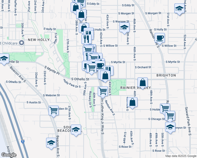 map of restaurants, bars, coffee shops, grocery stores, and more near Martin Luther King Jr Way S & S Othello St in Seattle