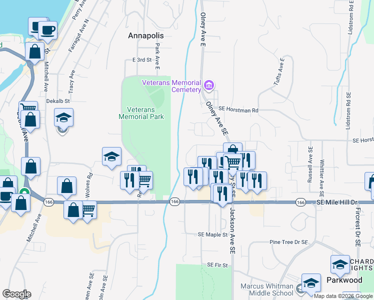 map of restaurants, bars, coffee shops, grocery stores, and more near 2973 Sprague Street in Port Orchard