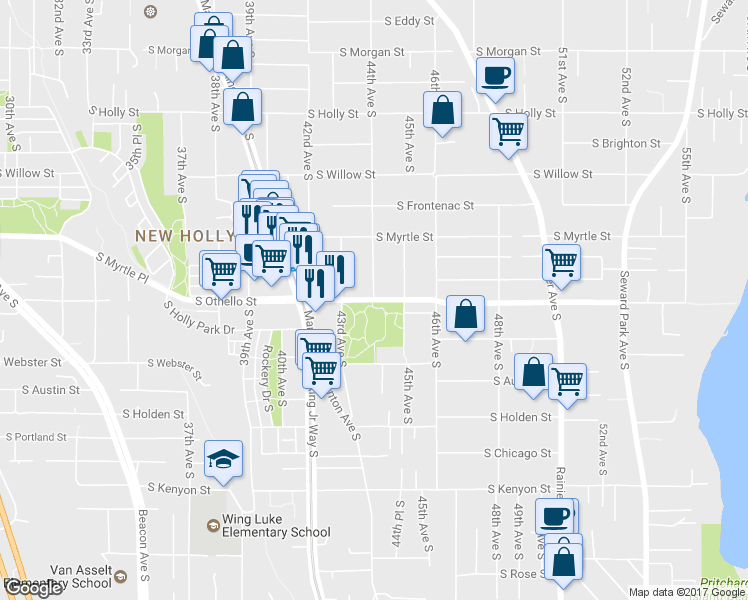 map of restaurants, bars, coffee shops, grocery stores, and more near 4401 South Othello Street in Seattle
