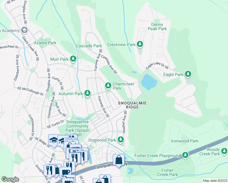 map of restaurants, bars, coffee shops, grocery stores, and more near 7116 Laurel Avenue Southeast in Snoqualmie