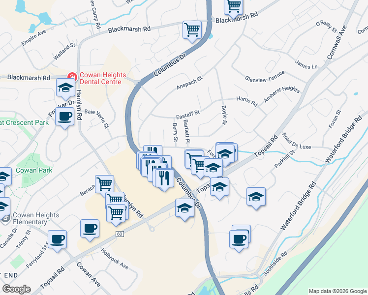 map of restaurants, bars, coffee shops, grocery stores, and more near Forbes Street in St. John's