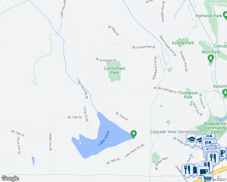 map of restaurants, bars, coffee shops, grocery stores, and more near 34027 Southeast Strouf Street in Snoqualmie