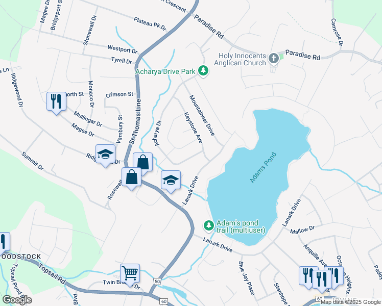 map of restaurants, bars, coffee shops, grocery stores, and more near 125 Acharya Drive in Paradise