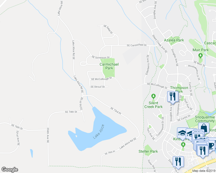 map of restaurants, bars, coffee shops, grocery stores, and more near 34201 Southeast Strouf Street in Snoqualmie