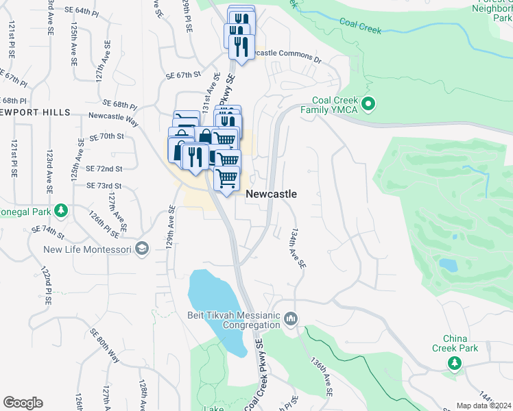 map of restaurants, bars, coffee shops, grocery stores, and more near 7426 Newcastle Golf Club Road in Renton