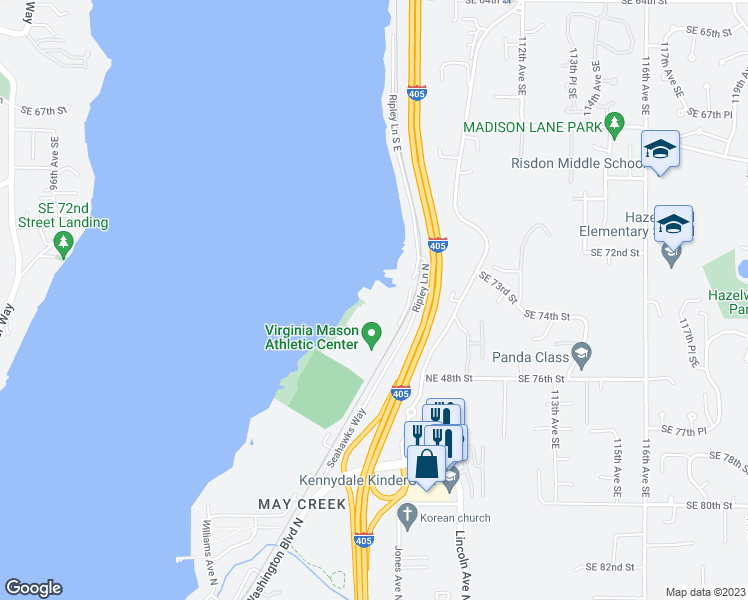 map of restaurants, bars, coffee shops, grocery stores, and more near 12 Seahawks Way in Renton