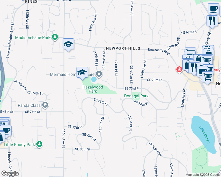 map of restaurants, bars, coffee shops, grocery stores, and more near 12017 Southeast 73rd Place in Newcastle