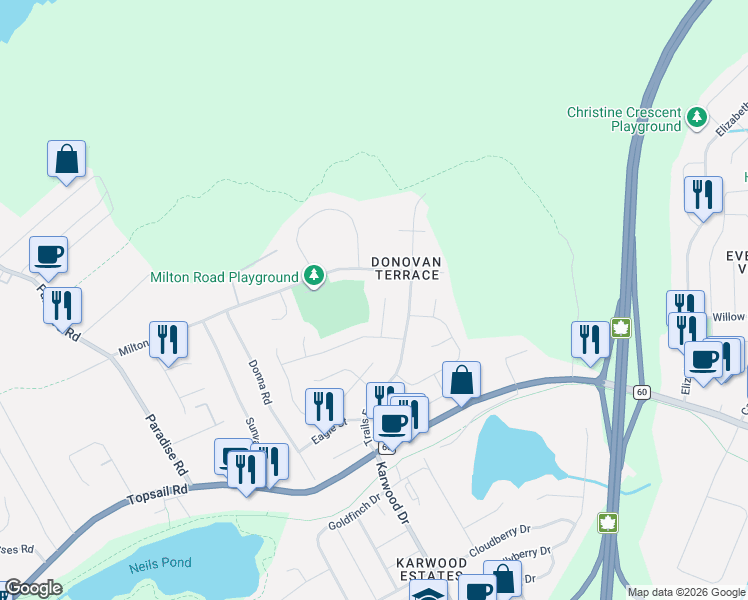 map of restaurants, bars, coffee shops, grocery stores, and more near 13 Osprey Place in Paradise