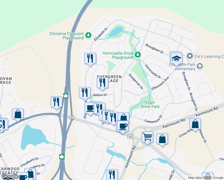 map of restaurants, bars, coffee shops, grocery stores, and more near 15 Evergreen Drive in Paradise
