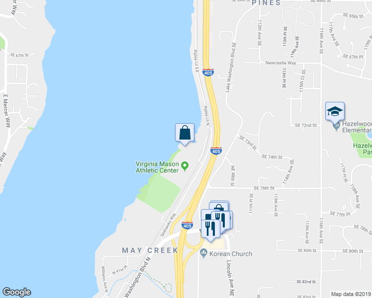 map of restaurants, bars, coffee shops, grocery stores, and more near Southeast 102nd Street in Renton