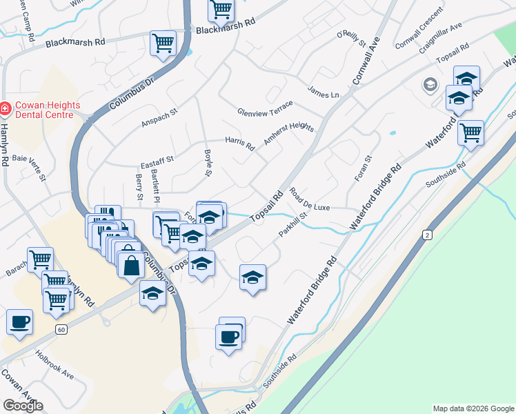 map of restaurants, bars, coffee shops, grocery stores, and more near 2 Carriage Lane in St. John's