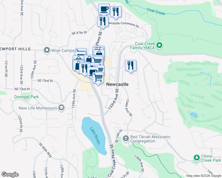 map of restaurants, bars, coffee shops, grocery stores, and more near 7453 Newcastle Golf Club Road in Newcastle
