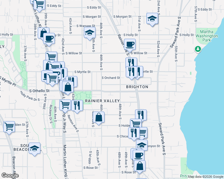 map of restaurants, bars, coffee shops, grocery stores, and more near 4636 South Othello Street in Seattle