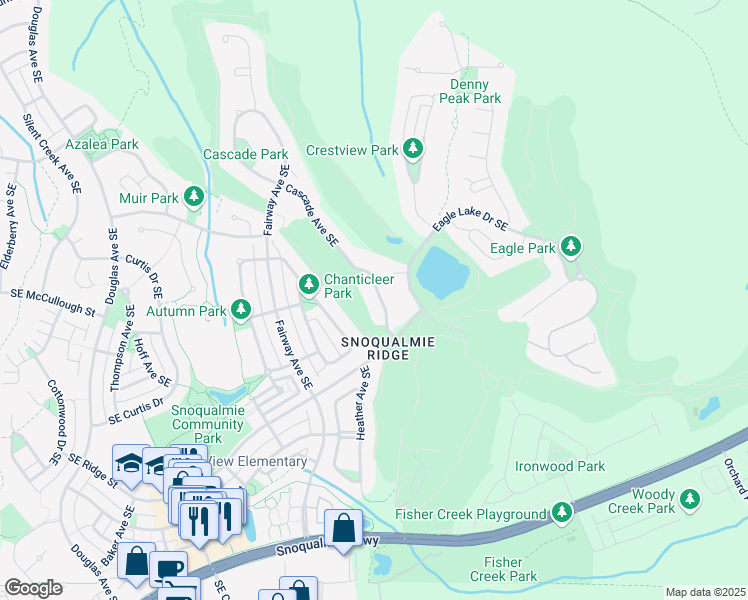 map of restaurants, bars, coffee shops, grocery stores, and more near 7216 Laurel Avenue Southeast in Snoqualmie
