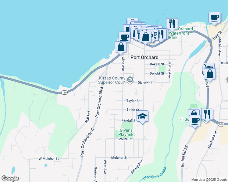 map of restaurants, bars, coffee shops, grocery stores, and more near 509 Sweany Street in Port Orchard