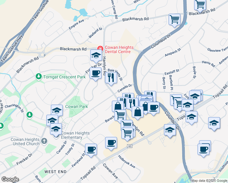 map of restaurants, bars, coffee shops, grocery stores, and more near 94 Hamlyn Road in St. John's