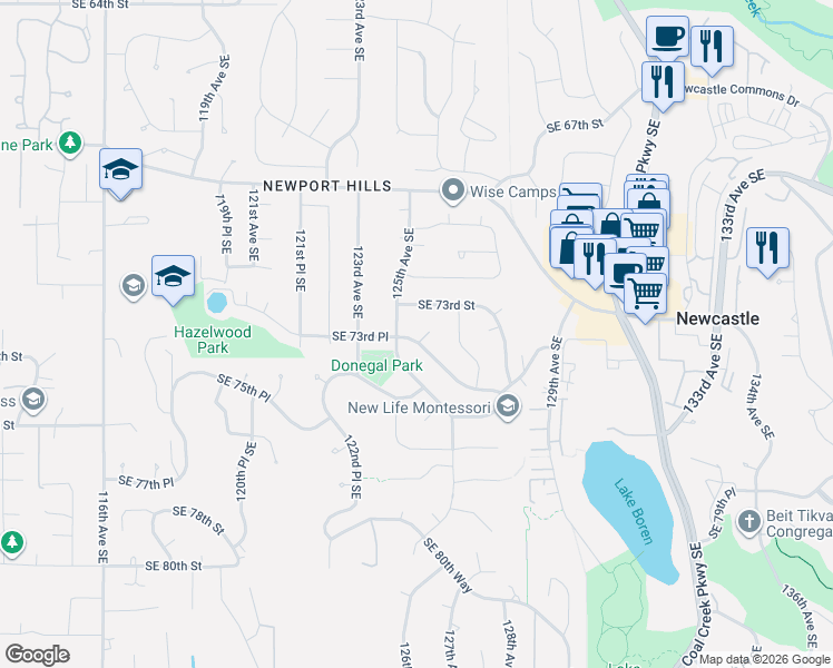 map of restaurants, bars, coffee shops, grocery stores, and more near 7359 126th Place Southeast in Newcastle