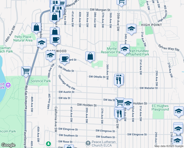 map of restaurants, bars, coffee shops, grocery stores, and more near 3647 Southwest Othello Street in Seattle