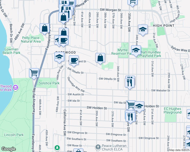 map of restaurants, bars, coffee shops, grocery stores, and more near 7314 39th Avenue Southwest in Seattle