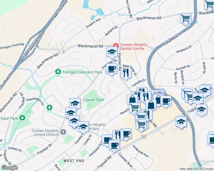 map of restaurants, bars, coffee shops, grocery stores, and more near 36 Greenspond Drive in St. John's