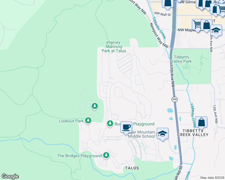 map of restaurants, bars, coffee shops, grocery stores, and more near 583 Saddleback Loop Way Northwest in Issaquah