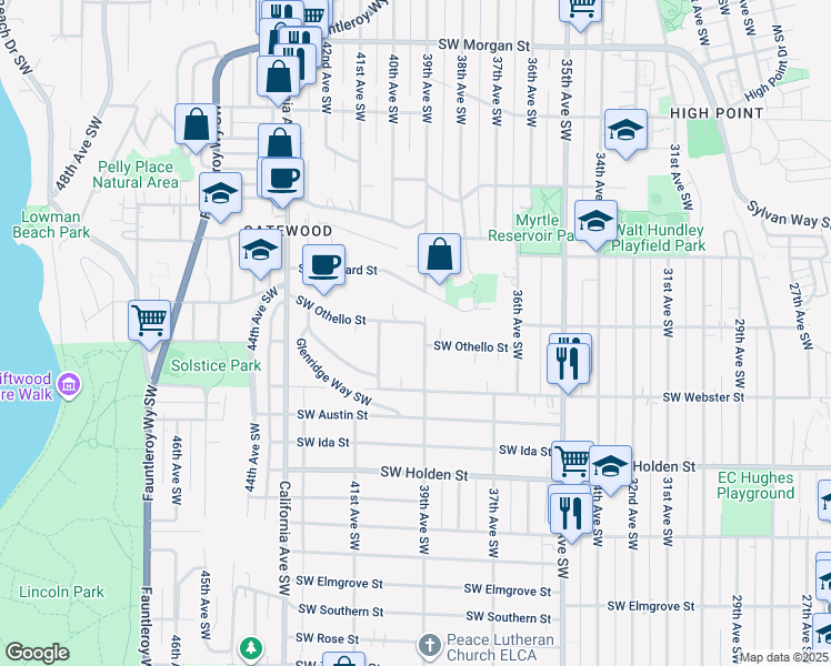 map of restaurants, bars, coffee shops, grocery stores, and more near 7314 39th Avenue Southwest in Seattle