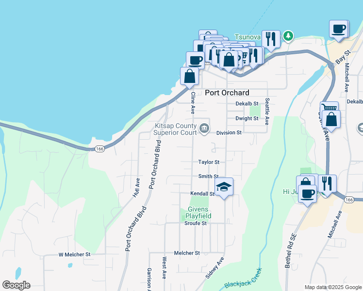 map of restaurants, bars, coffee shops, grocery stores, and more near 529 Taylor Street in Port Orchard
