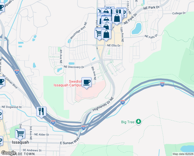 map of restaurants, bars, coffee shops, grocery stores, and more near 580 8th Avenue Northeast in Issaquah