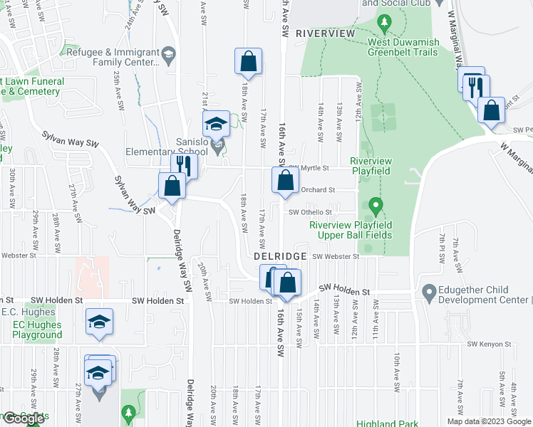 map of restaurants, bars, coffee shops, grocery stores, and more near 7230 17th Avenue Southwest in Seattle