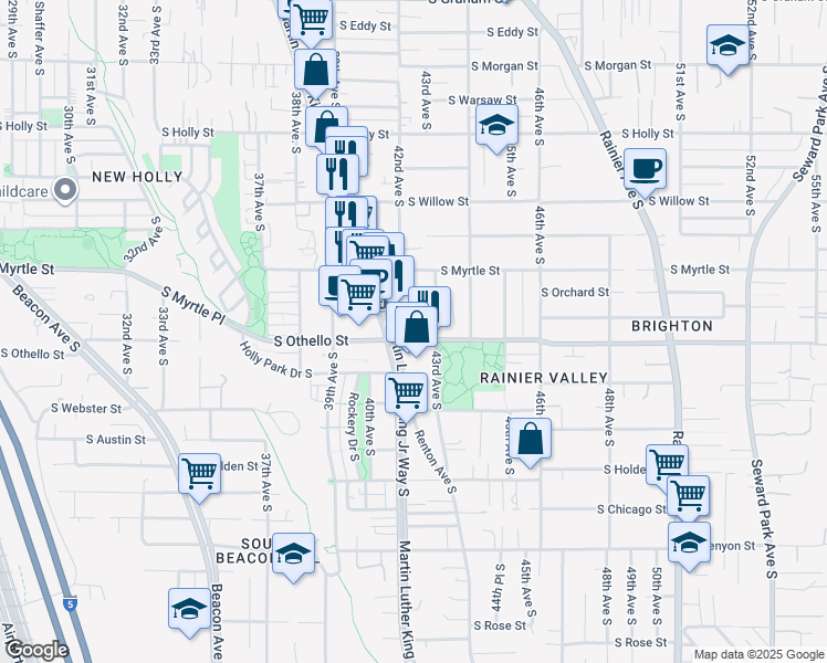 map of restaurants, bars, coffee shops, grocery stores, and more near 4200 South Othello Street in Seattle