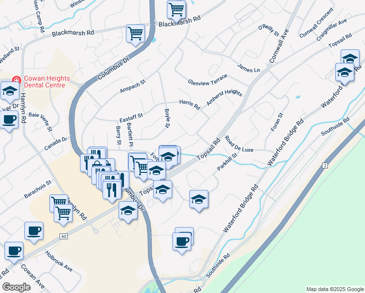 map of restaurants, bars, coffee shops, grocery stores, and more near 16 A Nightingale Road in St. John's