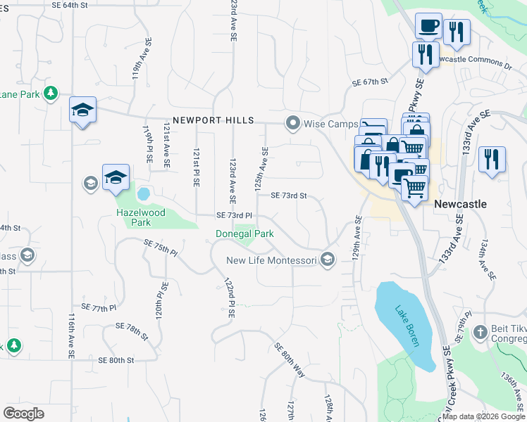 map of restaurants, bars, coffee shops, grocery stores, and more near 12520 Southeast 73rd Street in Newcastle